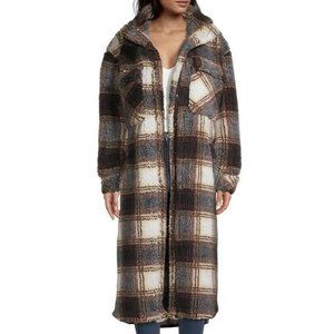 Free People Sloane Yellow/Black Combo Long Shacket  Fuzzy Maxi Coat Size S